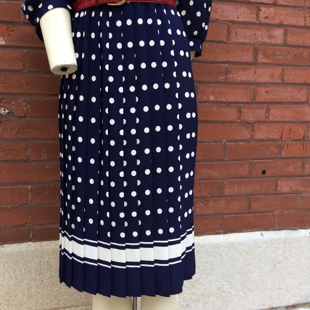 Vintage 80s Classic Navy Polka Dot Dress - Picture 5 of 6